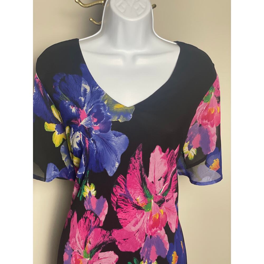 Serengeti Size L Maxi Dress Black Multicolor Floral Chiffon Lined Short Sleeves - Picture 2 of 7